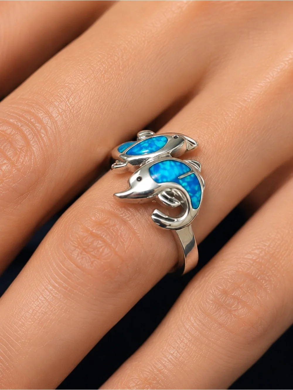 Sterling Silver Dolphin Ring Lab Created Opal Quality Size 6.50